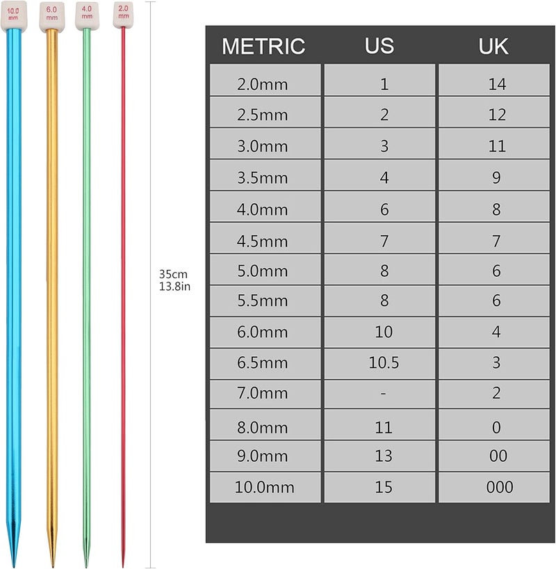 BCMRUN 28Pcs/14 Pairs Stainless Steel Knitting Needles Set, Colored Straight Single Pointed Metal Knitting Needles, 14 Size from 2.0mm-10.0mm, 13.8 Inches Length for Handmade DIY Knitting (35cm) - Image 2